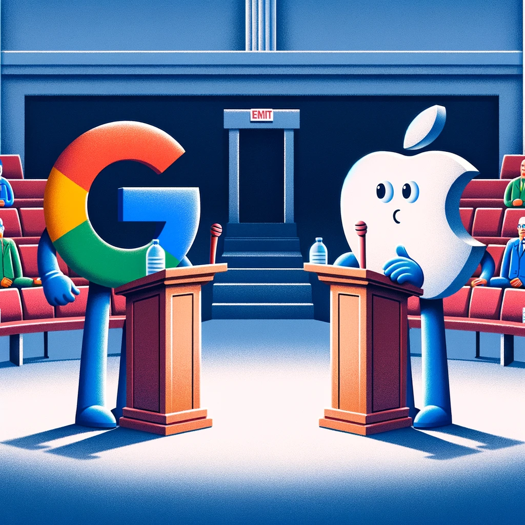 Illustration of Google and Apple logos personified as characters debating on a stage, embodying their corporate identities and technology philosophies