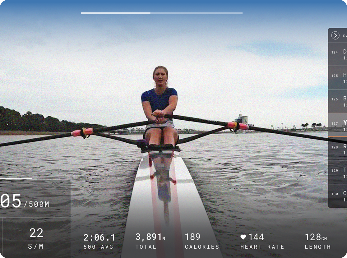 Hydrow — workout HUD with live metrics: watts, S/M, 500m split, calories, heart rate, stroke length