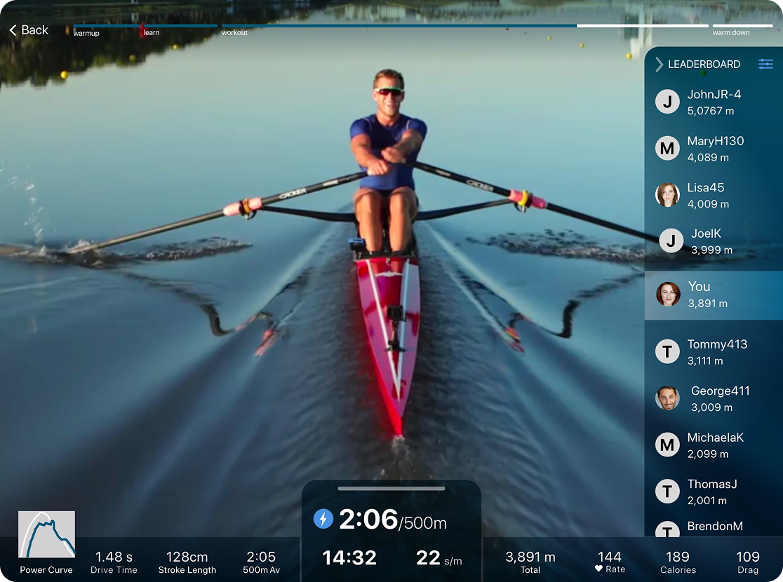Hydrow — live leaderboard on the rower screen with power curve, drive time, drag factor