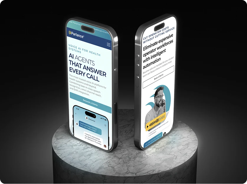 Parlance — mobile views: 'AI agents that answer every call' and operator-cost reduction screens