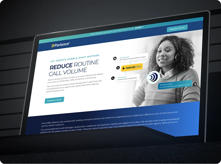 Parlance — desktop section: 'Reduce routine call volume' for patient access contact centers