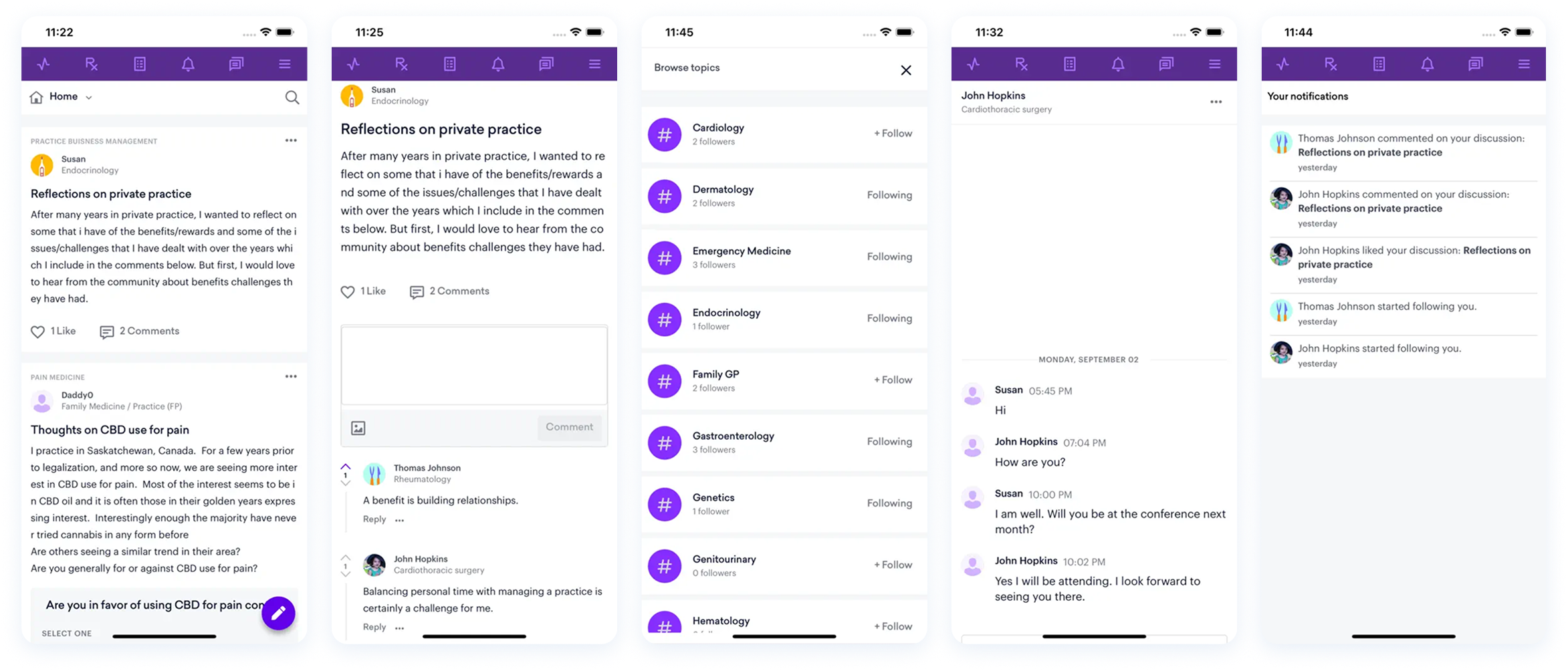 Sermo — five-screen tour: home feed, post detail, browse topics, DM thread, notifications
