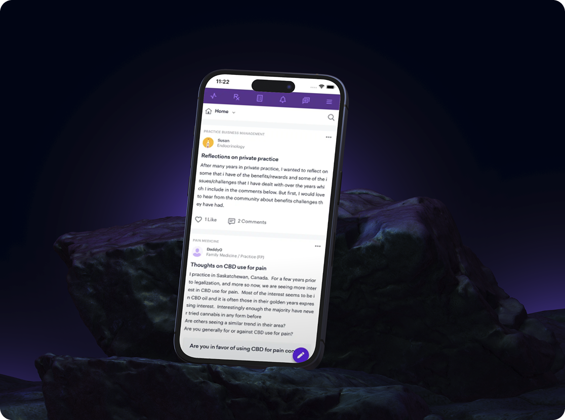 Sermo — handheld marketing render of the home feed on a phone, lit on dark rock