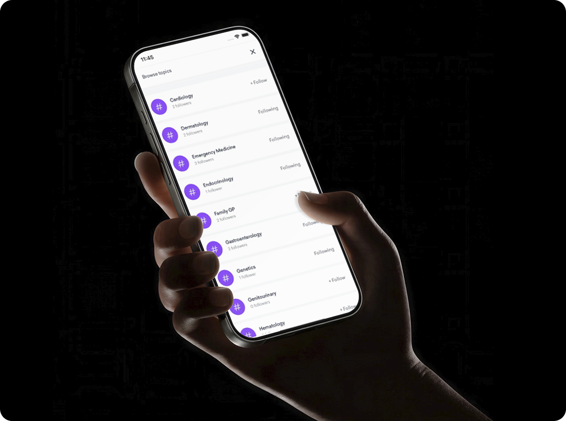 Sermo — browse-topics screen on a phone held mid-scroll