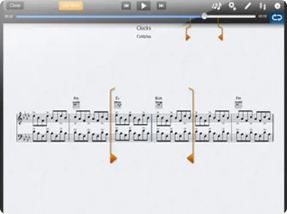 Yamaha NoteStar — sheet music player with synced playhead, chord changes, and audio scrub