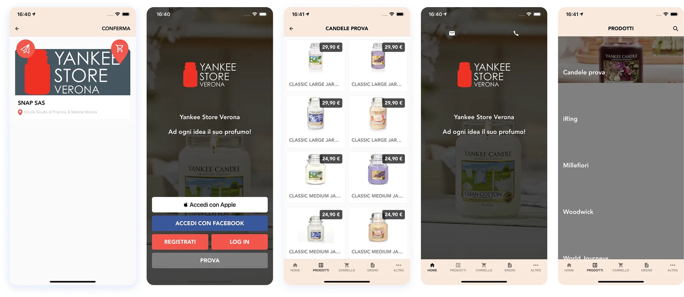 Yankee Store Verona — store-card, login, catalogue, home, and category screens shown together