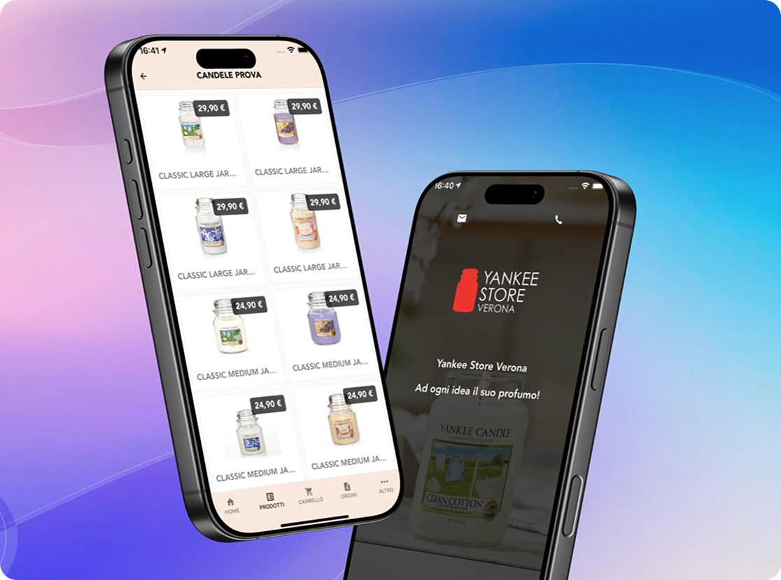 Yankee Store Verona — angled-phone marketing render: candle catalogue + home screen