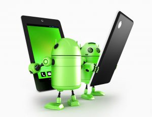 Androids with tablet. Rendered on white background