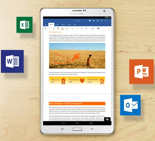 Microsoft Office for Android Tablet Outlook Word Excel