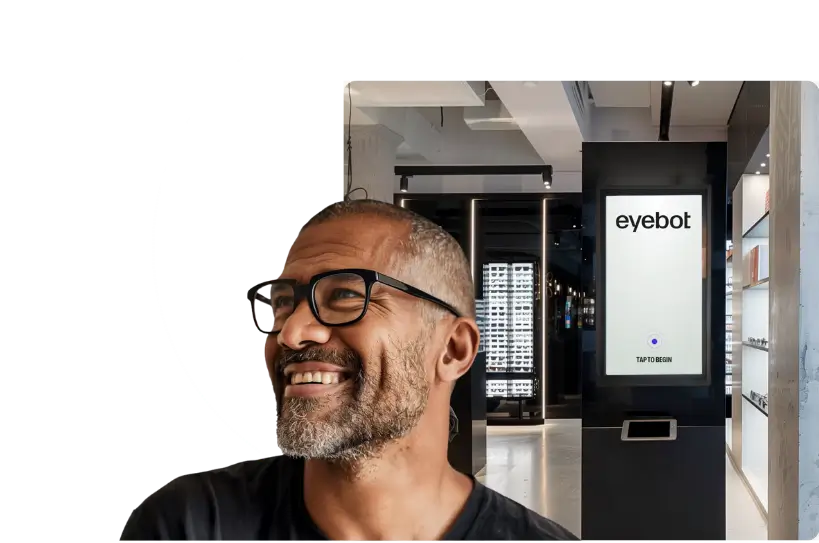 Eyebot Case Study - Man wearing glasses with the Eyebot behind him.