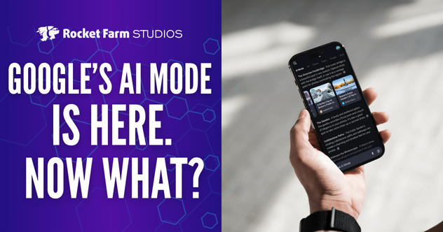A person holding a smartphone showing AI-powered search results, with text overlay: “Google’s AI Mode Is Here. Now What?”