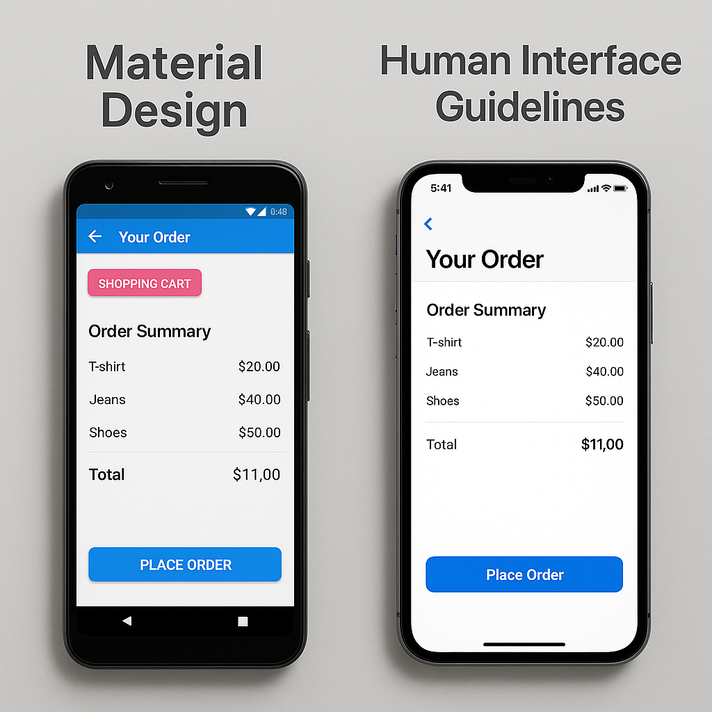 Two smartphones side by side comparing Material Design and Human Interface Guidelines user interfaces.